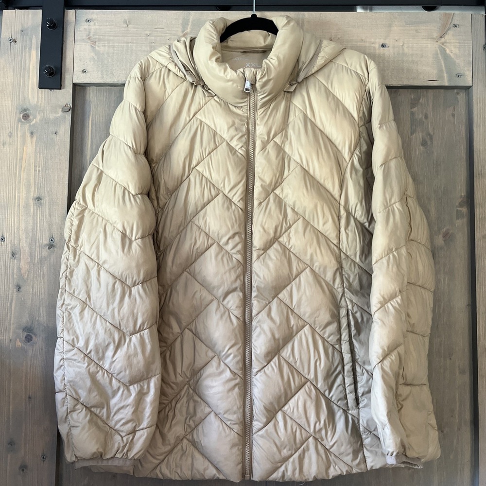 London Fog Womens XXL Taupe/ Tan Lightweight Packable Down Puffer Jacket Hooded